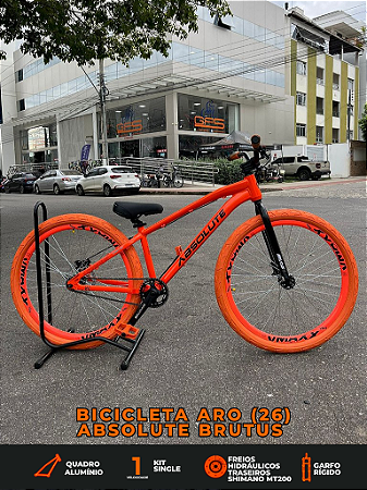 BICICLETA MTB FREERIDE ARO (26) ABSOLUTE BRUTUS KIT SINGLE (S/MARCHA) FREIO DISC HIDRÁULICO MT200 COR LARANJA/AZUL