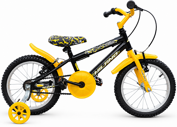 BICICLETA ARO (16) MASCULINA COR PRETO/AMARELO S/MARCHA V-BRAKE MARCA MILANO CARTOON BAT