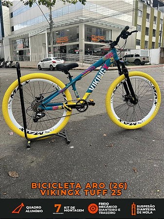 BICICLETA MTB FREERIDE ARO (26) VIKINGX TUFF-25 KIT 7 VELOCIDADES FREIO DISC MECÂNICO COR VERDE/AMARELO