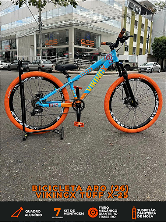BICICLETA MTB FREERIDE ARO (26) VIKINGX TUFF X-25 CAMBIO 7 VELOCIDADES FREIO DISC MECÂNICO COR AZUL/LARANJA