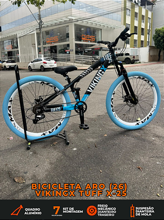 BICICLETA MTB FREERIDE ARO (26) VIKINGX TUFF-25 KIT 7 VELOCIDADES (1X7) FREIO A DISCO MECÂNICO COR PRETO/AZUL/BRANCO