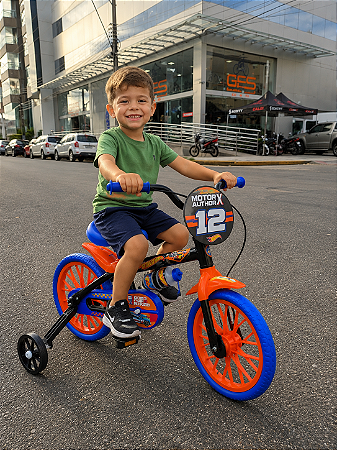 BICICLETA ARO (12) MASCULINA PRETO/LARANJA/AZUL S/MARCHA FREIO V-BRAKE NATHOR HOT WEELS