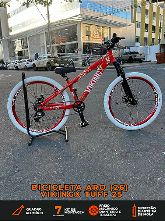 BICICLETA MTB FREERIDE ARO (26) VIKINGX TUFF-25 KIT 7 VELOCIDADES (1X7) FREIO A DISCO MECÂNICO COR VERMELHO/BRANCO
