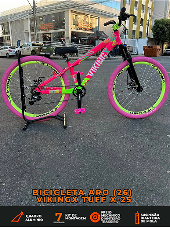 BICICLETA MTB FREERIDE ARO (26) VIKINGX TUFF-25 KIT 7 VELOCIDADES (1X7) FREIO A DISCO MECÂNICO COR ROSA/AMARELO NEON