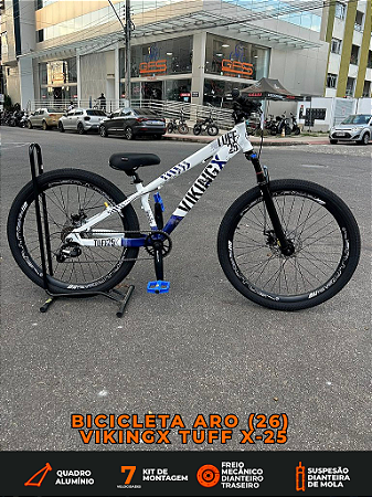 BICICLETA MTB FREERIDE ARO (26) VIKINGX TUFF-25 KIT 7 VELOCIDADES FREIO A DISCO MECÂNICO COR BRANCO/AZUL MARINHO