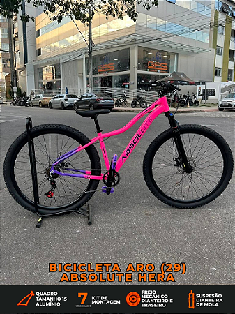 BICICLETA MTB ARO (29) ABSOLUTE HERA 7 VELOCIDADES (1X7) FREIO A DISCO MECÂNICO TAMANHO 15 (P) COR ROXO/ROSA