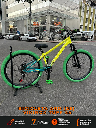 BICICLETA MTB FREERIDE ARO (26) VIKINGX TUFF X-44 CAMBIO 7 VELOCIDADES FREIO DISC MECÂNICO COR AMARELO/VERDE