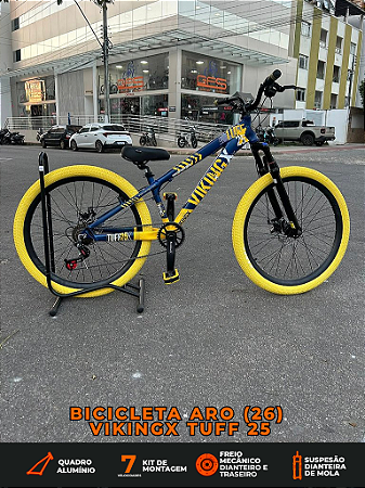 BICICLETA MTB FREERIDE ARO (26) VIKINGX TUFF-25 KIT 7 VELOCIDADES (1X7) FREIO A DISCO MECÂNICO COR AZUL/AMARELO