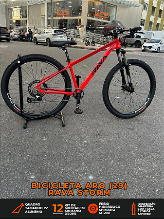 BICICLETA ARO (29) RAVA STORM KIT 12 VELOCIDADES (1X12) FREIO DISC HIDRAULICO SHIMANO MT200 TAMANHO 15 (P) VERMELHA