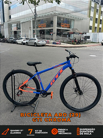BICICLETA MTB ARO (29) GTI CHROMA 7 VELOCIDADES (1X7) FREIO A DISCO MECÂNICO TAMANHO 17 (M) AZUL/LARANJA