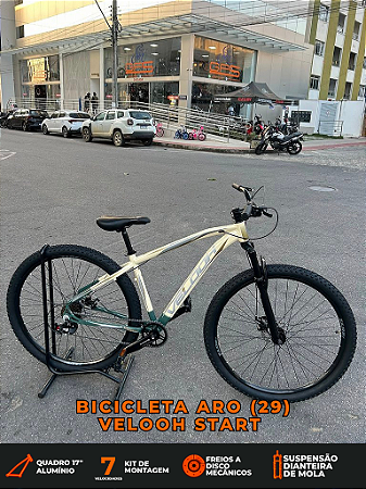 BICICLETA MTB ARO (29) VELOOH START 7 VELOCIDADES FREIO A DISCO MECÂNICO TAMANHO 17 (M) COR BEGE/VERDE MILITAR