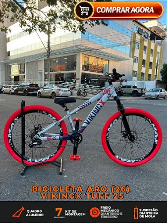 BICICLETA MTB FREERIDE ARO (26) VIKINGX TUFF-25 KIT 7 VELOCIDADES FREIO A DISCO MECÂNICO COR PRATA/AZUL/VERMELHO