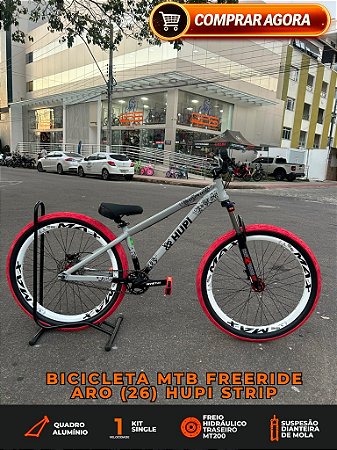BICICLETA MTB FREERIDE ARO (26) HUPI STRIP KIT SINGLE (SEM MARCHA) FREIO DISC TRASEIRO SHIMANO MT200 COR CINZA/VERMELHO