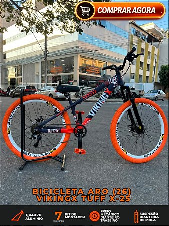 BICICLETA MTB FREERIDE ARO (26) VIKINGX TUFF-25 KIT 7 VELOCIDADES (1X7) FREIO A DISCO MECÂNICO COR ROXO/LARANJA