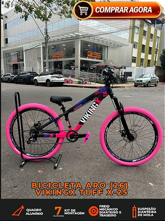 BICICLETA MTB FREERIDE ARO (26) VIKINGX TUFF-25 KIT 7 VELOCIDADES (1X7) FREIO A DISCO MECÂNICO COR PRETO/ROSA