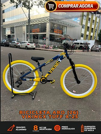 BICICLETA MTB FREERIDE ARO (26) VIKINGX TUFF X-25 KIT 8 VELOCIDADES (1x8) FREIO DISC HIDRÁULICO TRASEIRO COR AZUL
