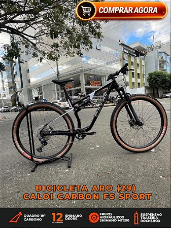 BICICLETA MTB FULL ARO (29) CALOI CARBON FS SPORT SHIMANO DEORE12V FREIO DISC HIDRÁULICO QUADRO 19 (G) COR PRETO