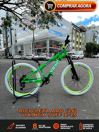 BICICLETA MTB FREERIDE ARO (26) VIKINGX TUFF X-25 CAMBIO 8 VELOCIDADES (1x8) FREIO DISC HIDRÁULICO SHIMANO COR VERDE