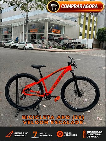 BICICLETA MTB ARO (29) VELOOH ESCALADE 7 VELOCIDADES (1X7) FREIO A DISCO MECÂNICO TAMANHO 15 (P) COR LARANJA NEON