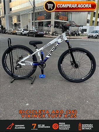 BICICLETA MTB FREERIDE ARO (26) VIKINGX TUFF-44 KIT 7 VELOCIDADES (1X7) FREIO A DISCO MECÂNICO COR BRANCO/AZUL