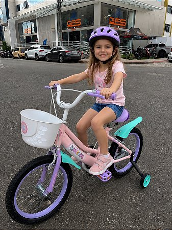 BICICLETA ARO (16) FEMININA CANDY POP COR ROSA/LILAS/BRANCO FREIO V-BRAKE SEM MARCHA COM CESTINHA UNITOYS