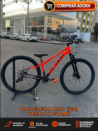BICICLETA MTB ARO (29) VELOOH START 8 VELOCIDADES (1X8) FREIO A DISCO HIDRÁULICO TAMANHO 13 (PP) COR LARANJA NEON/PRETO