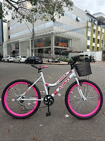 BICICLETA MTB ARO(24) FEMININA COR BRANCO/ROSA C/MARCHA 6 VELOCIDADES ATHOR MUSA