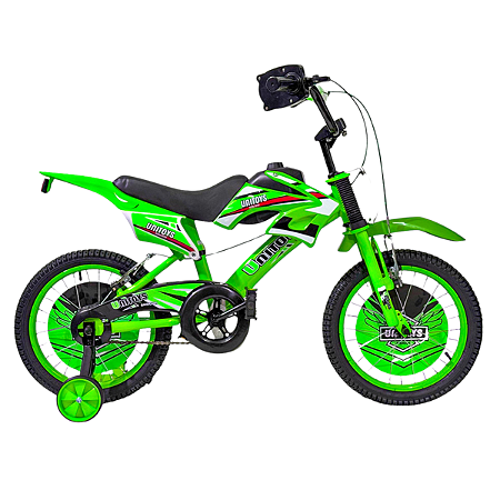BICICLETA INFANTIL ARO 16 MASCULINA MOTO CROSS VERDE COM RODINHAS UNITOYS