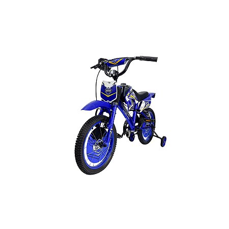 BICICLETA INFANTIL ARO 16 MASCULINA MOTO CROSS AZUL COM RODINHAS UNITOYS