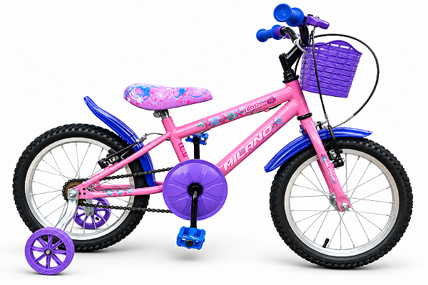 BICICLETA ARO (16) FEMININA COR ROSA/LILAS/AZUL S/MARCHA V-BRAKE MARCA MILANO CARTOON ALOHA