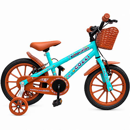 BICICLETA ARO (16) FEMININA COLLI AURORA SEM MARCHA FREIO V-BRAKE COM CESTA COR VERDE ACQUA-TURQUESA/MARROM
