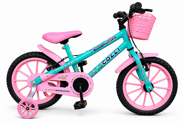 BICICLETA ARO (16) FEMININA COLLI AURORA SEM MARCHA FREIO V-BRAKE COM CESTA COR VERDE ACQUA/ROSA