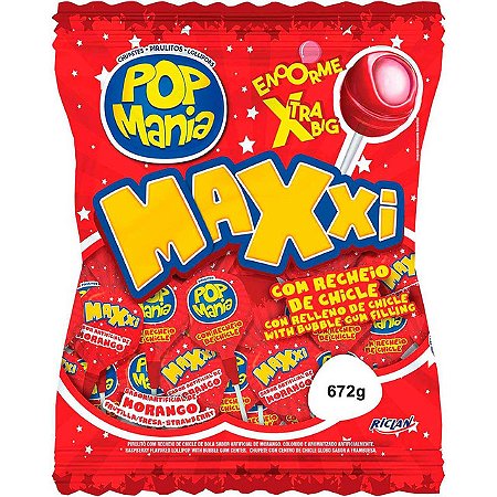 Pirulito Pop Mania Maxxi Morango - Embalagem 1X24 UN