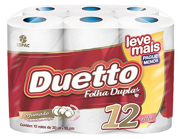 Papel Higienico Duetto Branco Perf Folha Dupla 12X30M Promocional - Embalagem 6X12X30 MTS - Preço Unitário R$18,47