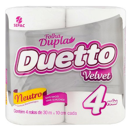 Papel Higienico Duetto Velvet Neutro Branco Folha Dupla 4X30M - Embalagem 16X4X30 MTS - Preço Unitário R$6,27