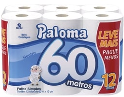 Papel Higienico Economico Paloma Folha Simples 12X60M Neutro Branco Promocional - Embalagem 6X12X60 MTS - Preço Unitário R$16,68