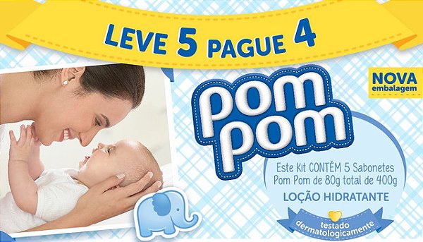 Sabonete Infantil Pom Pom Hidratante Branco Leve 5 Pague 4 - Embalagem 5X70 GR - Preço Unitário R$3,06