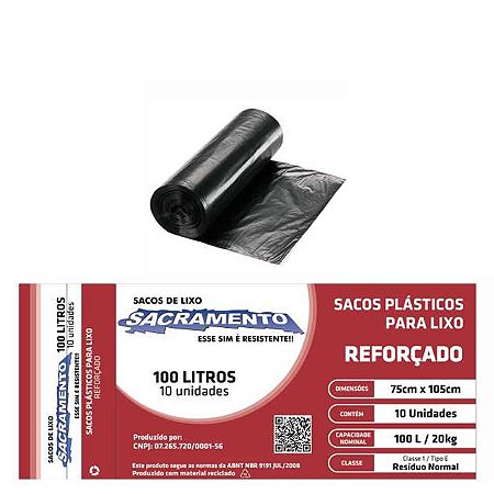 Saco de Lixo Reforcado Rolo Sacramento Preto 100 Litros - Embalagem 10X10 UN - Preço Unitário R$8,05