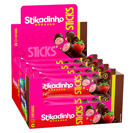 Chocolate Bibs Sticks Morango - Embalagem 16X32 GR - Preço Unitário R$1,44