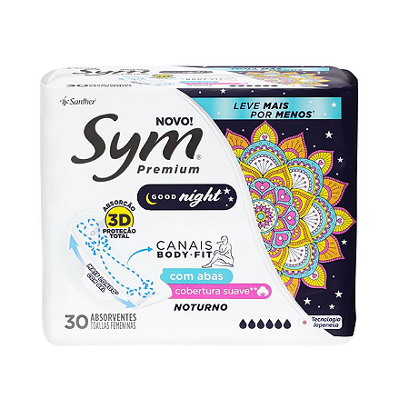 Absorvente Sym Premium Noturno Com Abas Cobertura Suave Promocional - Embalagem 1X30 UN