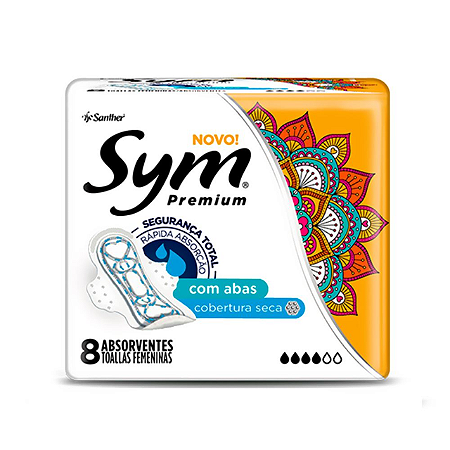 Absorvente Sym Premium Com Abas Cobertura Seca - Embalagem 12X8 UN - Preço Unitário R$3,66