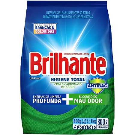 Detergente Lava Roupas Em Po Brilhante Higiene Total Sache - Embalagem 16X800 GR - Preço Unitário R$10,4