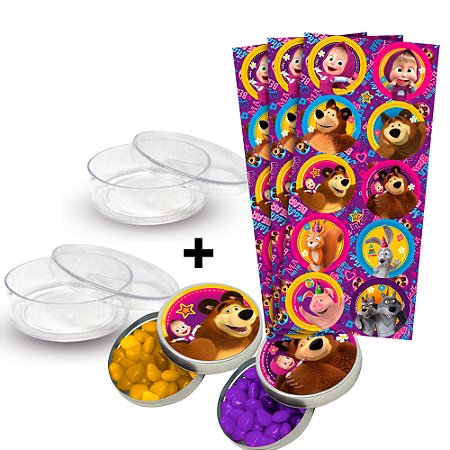 Kit decoração festa Masha e o Urso 30 adesivos + 20 Latinhas