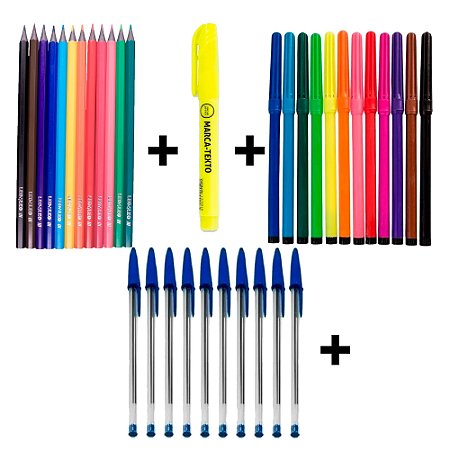 Kit Escolar 26 itens Lapis/cor Canetinhas Marca texto Caneta