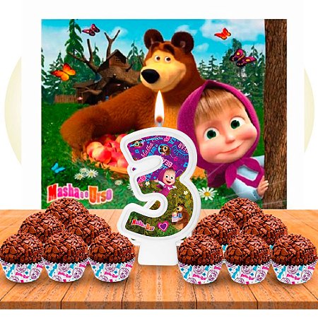 Kit festa Masha e o Urso Painel GIGANTE+ Forminhas + Vela N3
