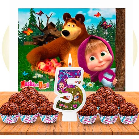 Kit festa Masha e o Urso Painel GIGANTE+ Forminhas + Vela N5