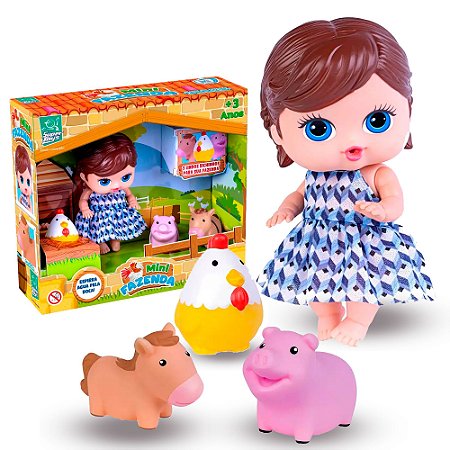 Boneca Baby + 3 bichinhos Mini Fazendinha Cheirosa e fofinha