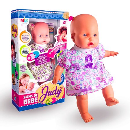 Boneca Judy Faz Sons de Bebe fofinha e cheirosa + acessórios