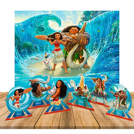 Kit Festa Moana Decoração Painel Gigante + 6 Display de mesa