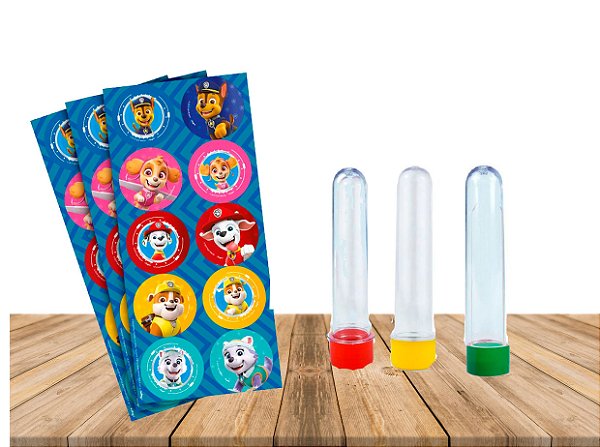 Kit decoração festa Patrulha Canina 30 adesivos + 30 tubetes